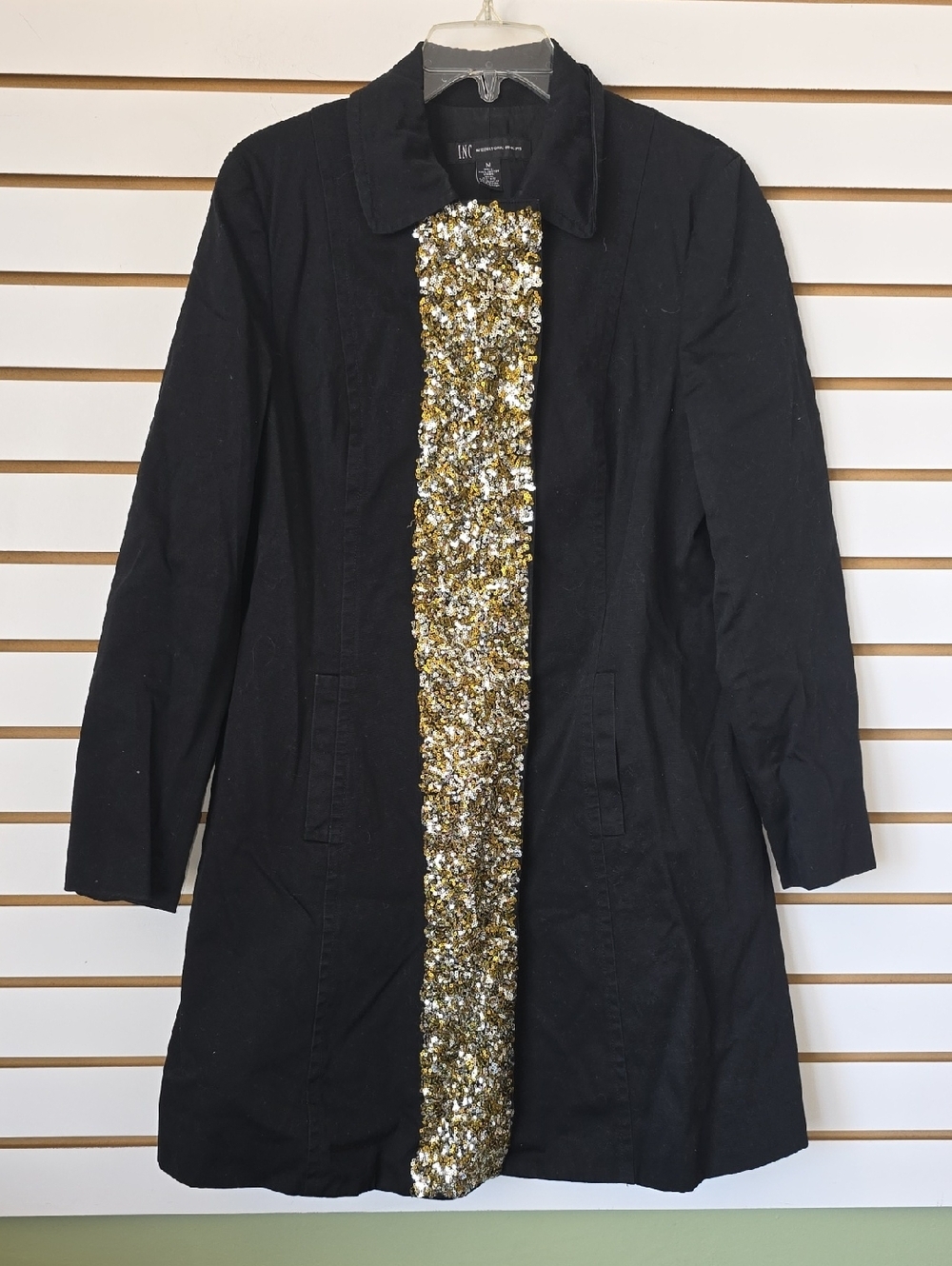 INC International Concepts Black Trench Coat with Gold Sequin Trim